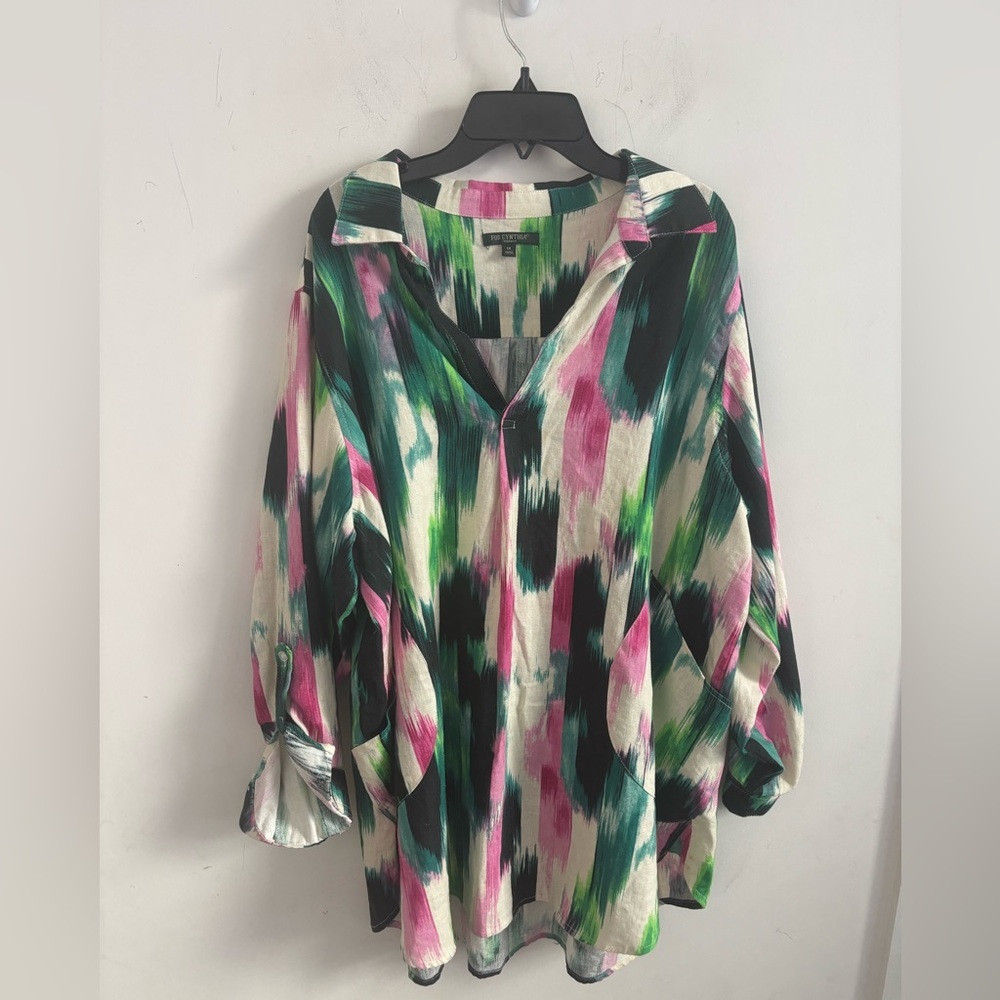 For Cynthia Linen Blend Brushstroke Blouse Multicolor 1X Tunic Artsy Abstract - Picture 1 of 5
